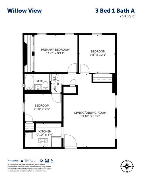 Floor plan for 3 beds, 1 bath, 730 sqft